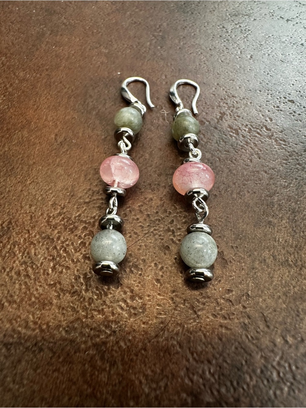 Handcrafted Pink Quartz and Gray Labradorite Bead Dangle Earrings